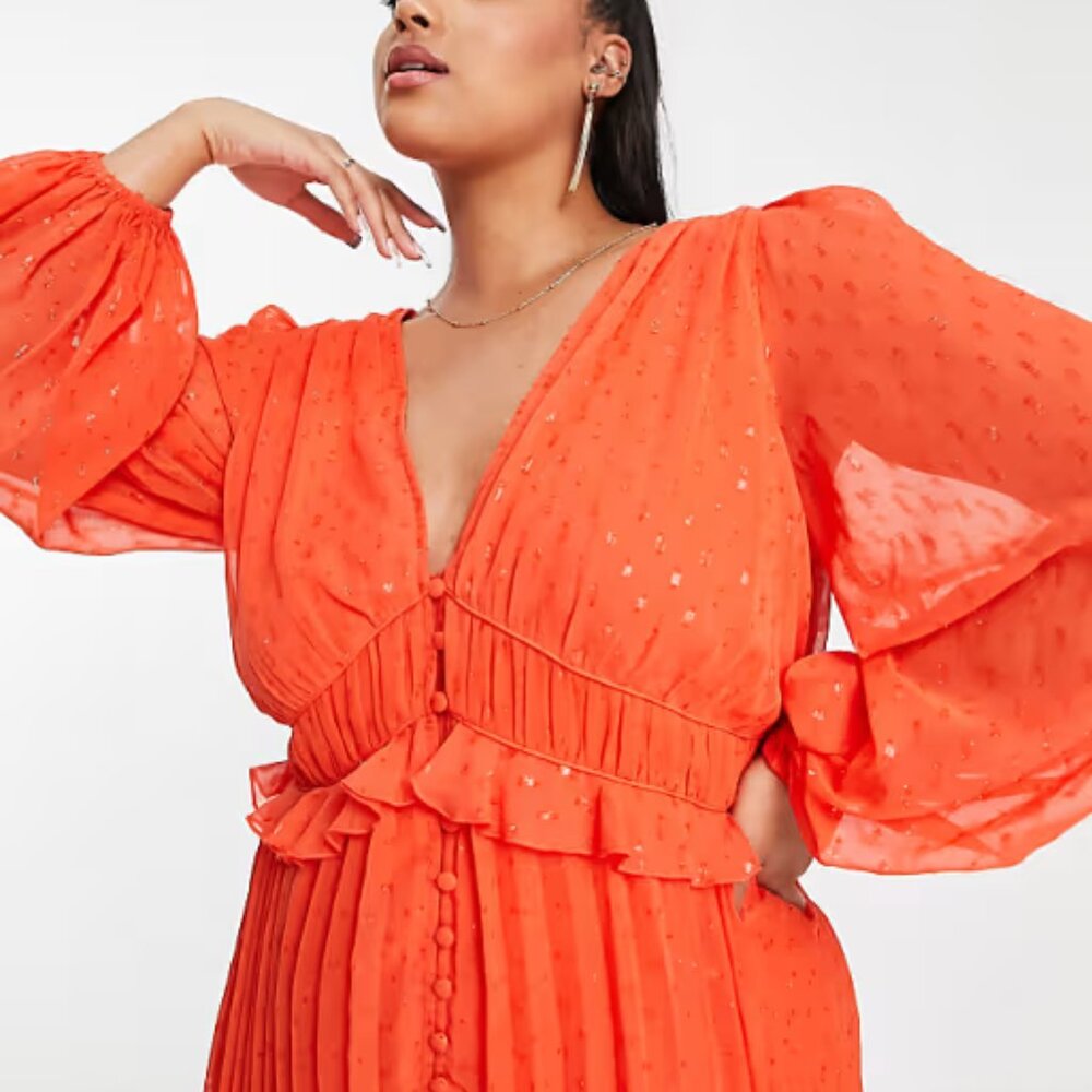 ASOS Curve Bright Orange Pleated Mini Dress - Picture 2 of 8